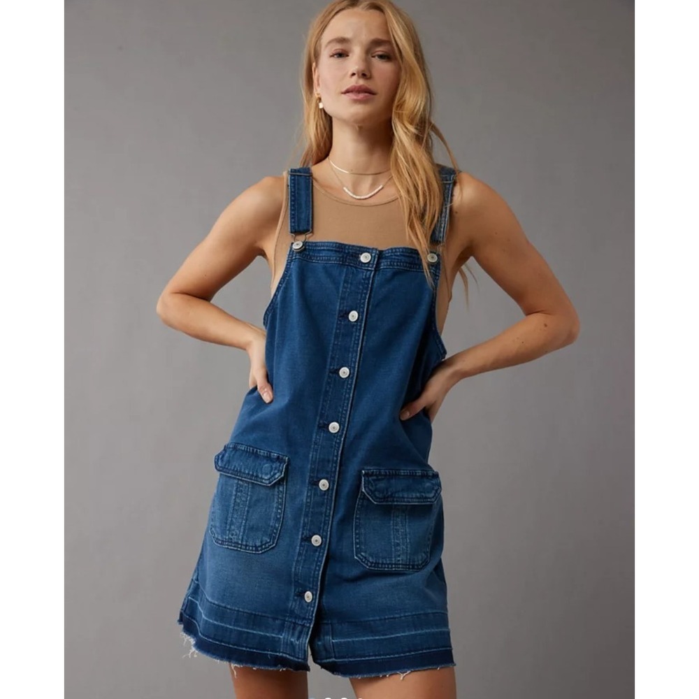 American Eagle Denim Skirt Overalls Button Up Size M Pockets Adjustable Y2K